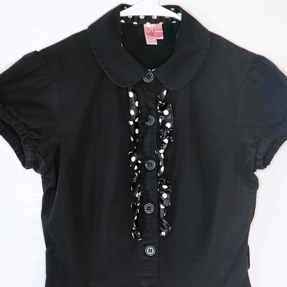 Dolled Up Tops - Black Short Sleeved Button Shirt w/ Polka Dot Ruffle Trim Dolled Up by Fang